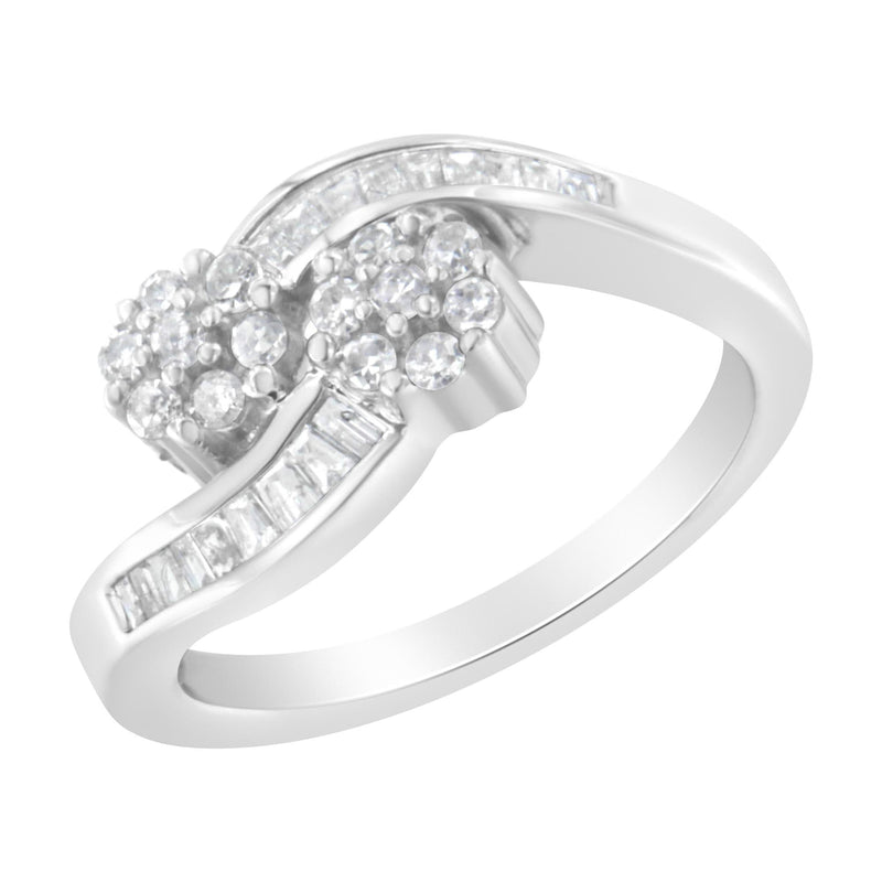 14K White Gold Round and Baguette Diamond Bypass Ring (1/2 cttw, H-I Color, I1-I2 Clarity) 14K white gold ring with round and baguette diamond stones in bypass design