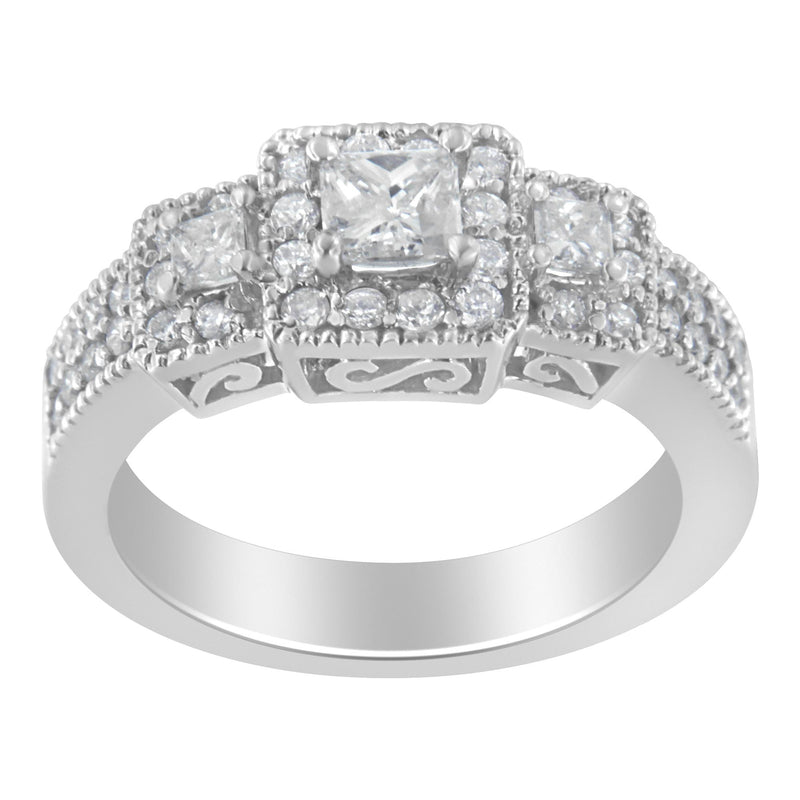 14K White Gold Round and Princess-Cut Diamond Three Stone Ring (1 Cttw, H-I Color, I1-I2 Clarity) 14K white gold ring with three round and princess-cut diamond stones
