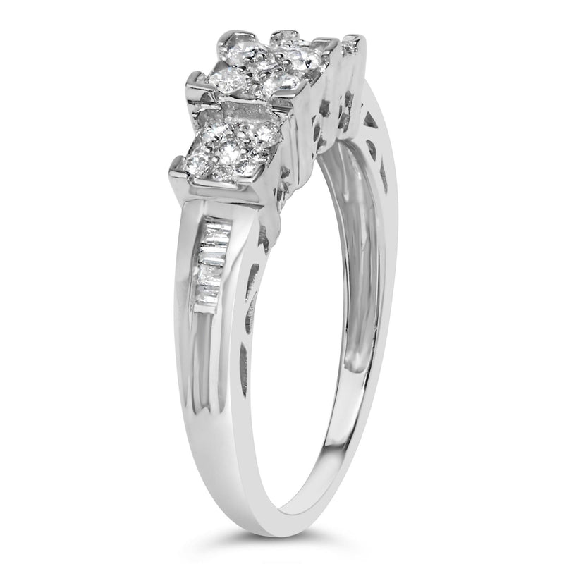 10K White Gold 1/2 Cttw Brilliant & Baguette Cut Diamond 3 Stone Design with 3 Square Clusters Engagement Ring (H-I Color, SI2-I1 Clarity) 10K white gold ring with 3 baguette diamond stones in cluster setting