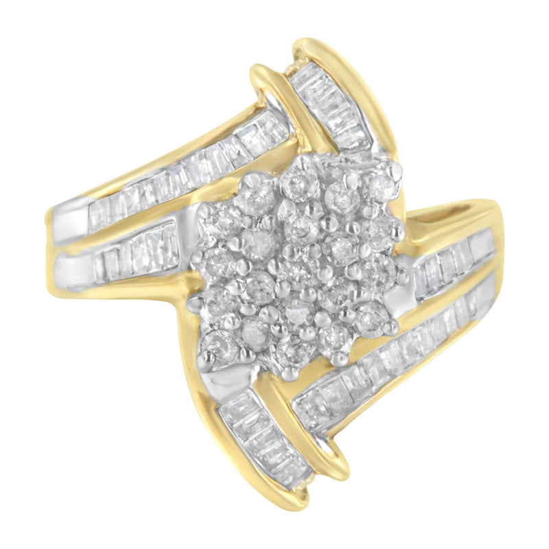 10K Yellow Gold Round and Baguette-Cut Diamond Bypass Cluster Ring (1.0 Cttw, I-J Color, I1-I2 Clarity) 10K yellow gold ring with round and baguette diamond cluster