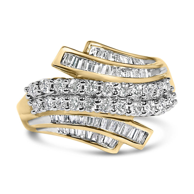 10K Yellow Gold 1.0 Cttw Round & Baguette Cut Diamond 64 Stone Bypass Style Channel Set Modern Statement Ring (H-I Color, SI1-SI2 Clarity) 10K yellow gold ring with 64 round and baguette diamond stones