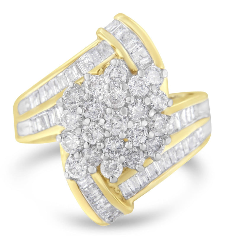 10K Yellow Gold Round and Baguette Diamond Crossover Cluster Ring (3 Cttw, I-J Color, I1-I2 Clarity) 10K yellow gold ring with round and baguette diamond stones in crossover cluster