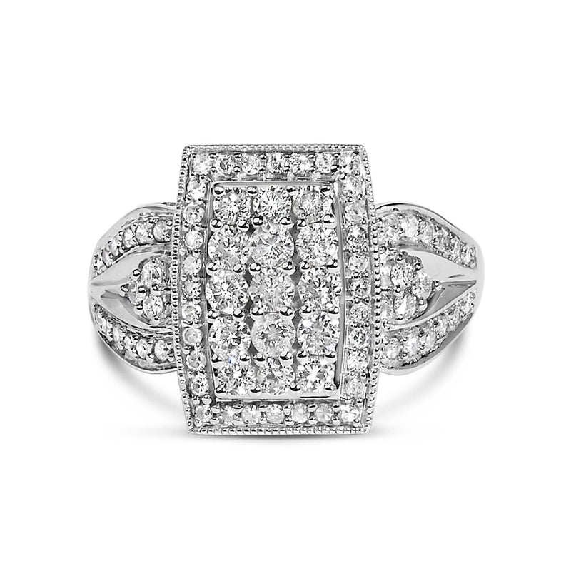 10K White Gold 1.0 Cttw Diamond Rectangular Cushion Shaped Cluster Halo Flared Band Cocktail Fashion Ring (H-I Color, SI2-I1 Clarity) 10K white gold ring with cushion diamond cluster and halo setting