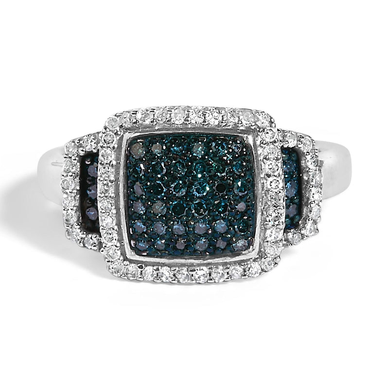 Black Rhodium Plated .925 Sterling Silver 1/2 Cttw White & Blue Diamond Square Halo Cocktail Ring (Fancy Blue & H-I Color, I2-I3 Clarity) 925 sterling silver ring with blue and white diamonds in a square halo setting