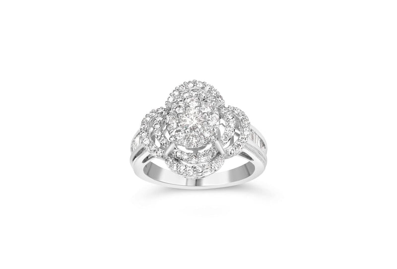14K White Gold 1.0 Cttw Round & Baguette Cut Diamond Floral Cluster Quatrefoil Channel Set Band Cocktail Statement Ring (H-I Color, SI2-I1 Clarity) 14K white gold ring with round and baguette diamond stones in floral cluster