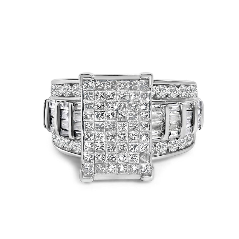14K White Gold 2.0 Cttw Mixed-Cut Diamond Rectangle Invisible-Set Composite Cluster Ring with Bar- and Channel-Set Band (H-I Color, SI2-I1 Clarity) 14K white gold ring with mixed-cut diamond invisible-set rectangle cluster and channel band