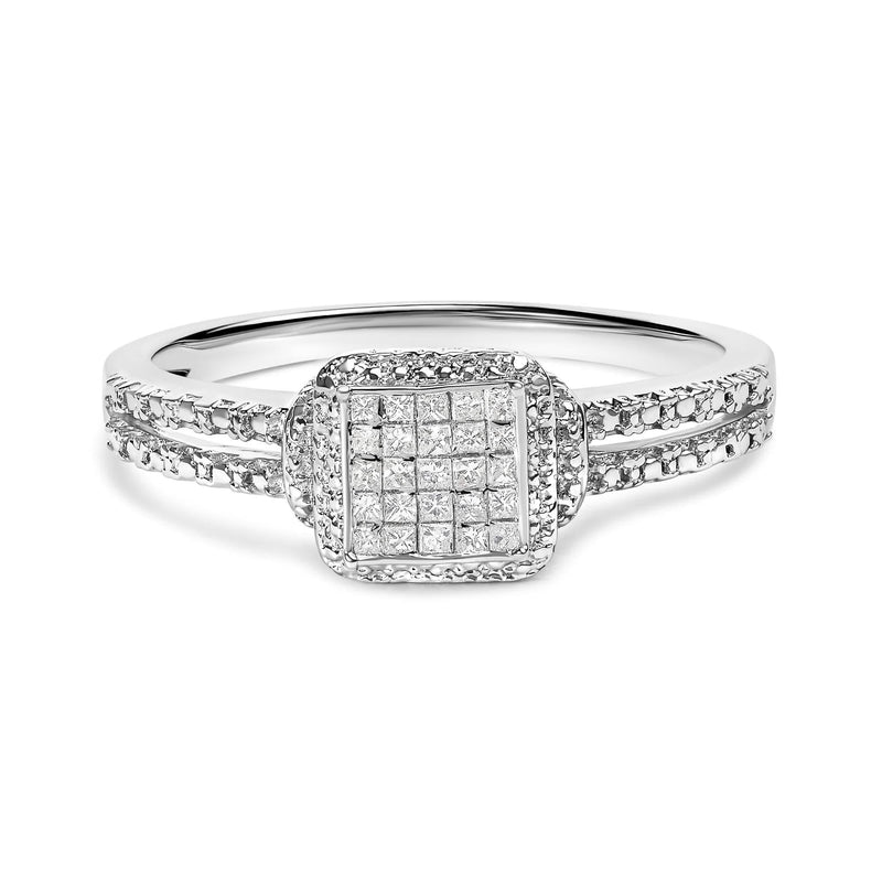 .925 Sterling Silver 1/4 Cttw Princess-cut Diamond Composite Ring with Beaded Halo (H-I Color, SI1-SI2 Clarity) 925 sterling silver ring with princess-cut diamond stones in a beaded halo