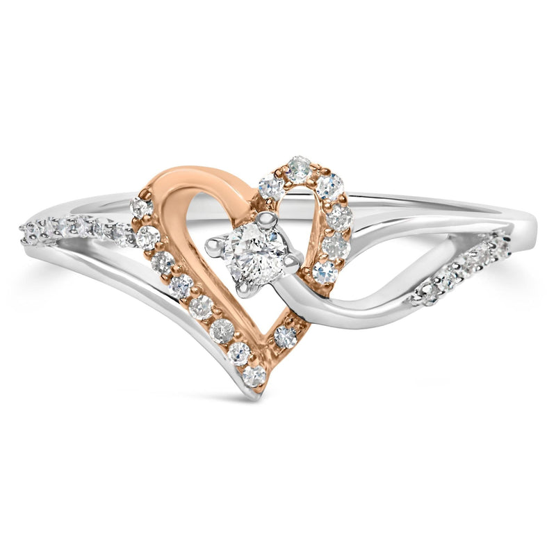 10K Rose Gold Plated .925 Sterling Silver 1/5 Cttw Diamond Two Tone Open Heart Promise or Fashion Ring (I-J Color, I2-I3 Clarity) 10K rose gold ring with heart diamond stones in two-tone open heart design