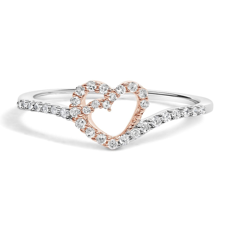 10K Rose Gold over .925 Sterling Silver 1/5 Cttw Diamond Two Tone Open Heart Promise or Fashion Ring (I-J Color, I2-I3 Clarity) 10K rose gold ring with heart diamond stones in two-tone open heart design
