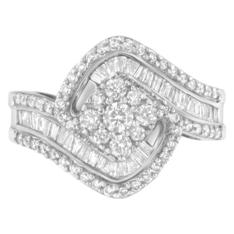 14K White Gold 1.0 Cttw Baguette & Brilliant-Cut Diamond Round Floral Cluster Engagement or Fashion Ring with Swirl Wrapped Triple Row Band (H-I Color, SI2-I1 Clarity) 14K white gold ring with round and baguette diamond floral cluster