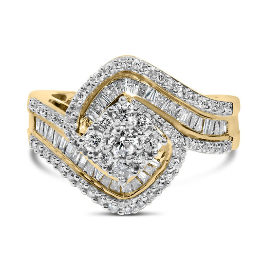 14K Yellow Gold 1.0 Cttw Baguette & Brilliant-Cut Diamond Round Floral Cluster Engagement or Fashion Ring with Swirl Wrapped Triple Row Band (H-I Color, SI2-I1 Clarity)-0