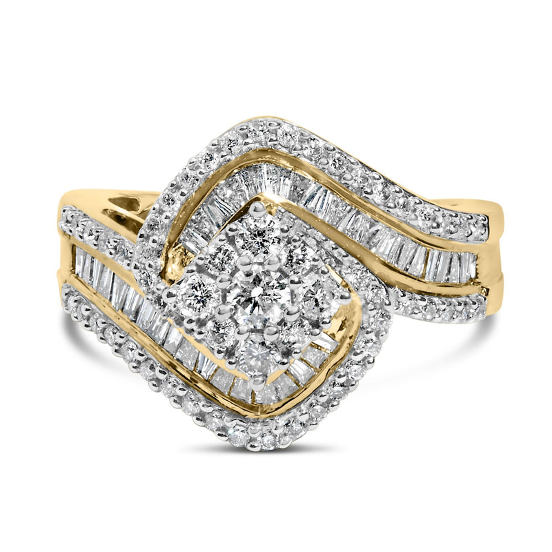 14K Yellow Gold 1.0 Cttw Baguette & Brilliant-Cut Diamond Round Floral Cluster Engagement or Fashion Ring with Swirl Wrapped Triple Row Band (H-I Color, SI2-I1 Clarity) 14K Yellow Gold 1.0 Cttw Baguette & Brilliant-Cut Diamond Round Floral Cluster Engagement or Fashion Ring with Swirl Wrapped Triple Row Band (H-I Color, SI2-I1 Clarity)-0