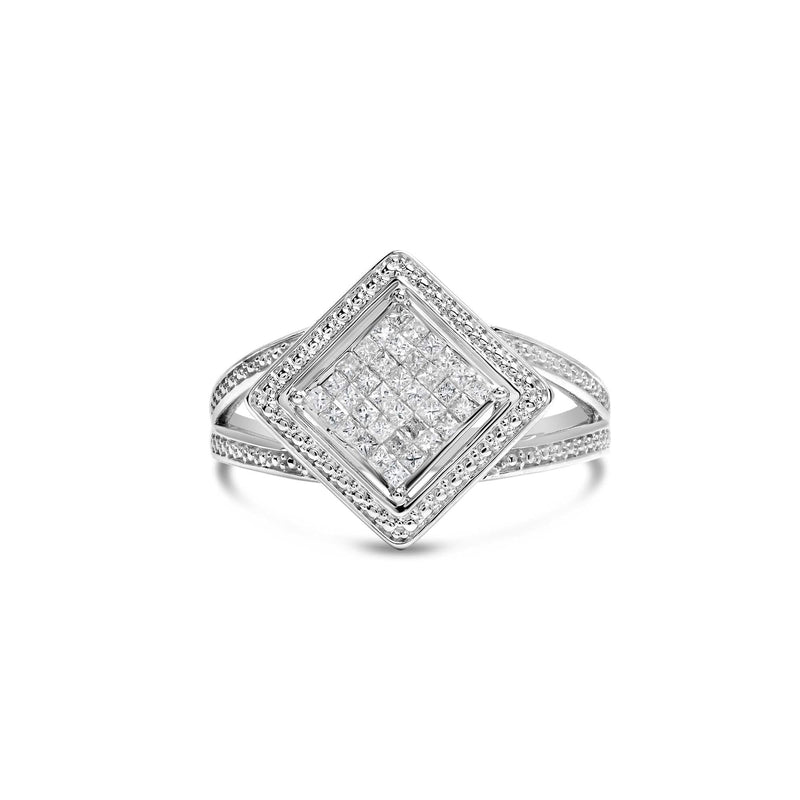 .925 Sterling Silver 1/3 Cttw Invisible Set Princess-Cut Diamond Rhombus and Beaded Halo Ring (H-I Color, SI1-SI2 Clarity) 925 sterling silver ring with princess-cut diamond stones in beaded halo