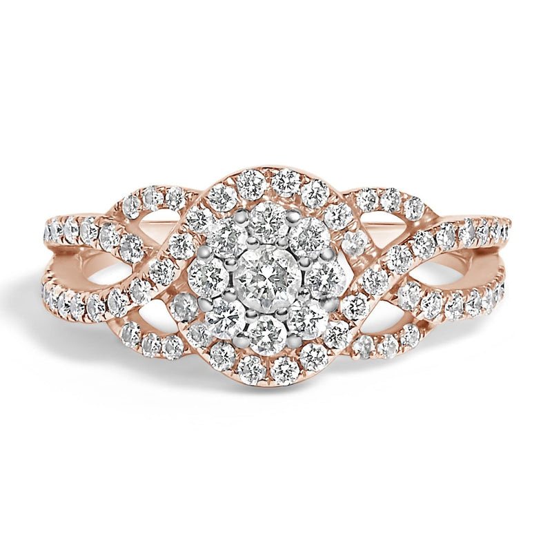10K Rose Gold 3/4 Cttw Diamond Floral Cluster Head and Twisted Shank Cocktail Ring (H-I Color, SI1-SI2 Clarity)- 10K rose gold ring with cluster of round diamond stones in floral head