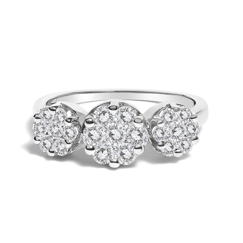 14K White Gold 1-1/4 Cttw Brilliant Cut Diamond Three Round Floral Clusters Engagement or Fashion Ring (H-I Color, SI2-I1 Clarity) 14K white gold ring with three round diamond floral clusters