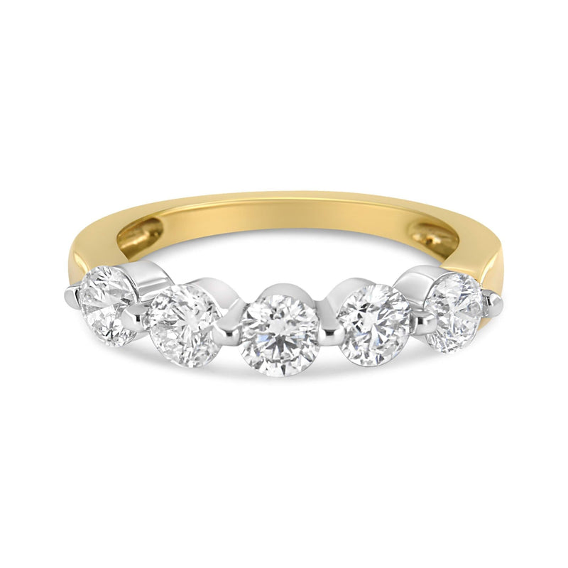 14K White and Yellow Gold 1 1/2 Cttw 2 Prong Cup Set Round-Cut Diamond 5 Stone Ring Band (H-I Color, SI2-I1 Clarity) 14K yellow gold ring with 5 round diamond stones in two-prong cups
