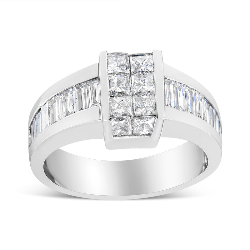 14K White Gold 2 3/4 Cttw Invisible-Set Princess and Channel-Set Baguette Diamond Step Up Cocktail Ring (G-H Color, SI1-SI2 Clarity) 14K white gold ring with invisible-set princess and channel-set baguette diamonds