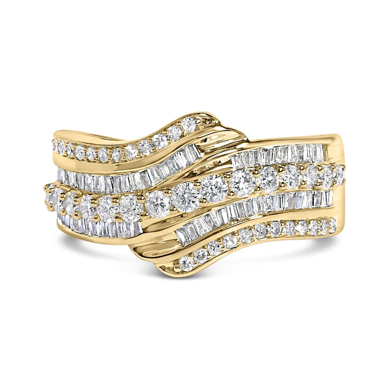 10K Yellow Gold 1.0 Cttw Baguette and Round Diamond Multi-Row Wave Bypass Ring (I-J Color, I1-I2 Clarity) 10K yellow gold ring with baguette and round diamond stones in wave rows