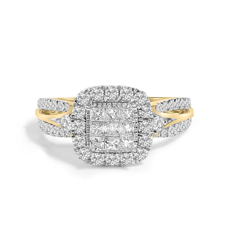 10K Yellow Gold 1.0 Cttw Diamond Composite Cushion-Shape Halo 3-Band-Look Engagement Ring (H-I Color, SI1-SI2 Clarity) 10K yellow gold ring with cushion-shape diamond halo, 1.0 ct total
