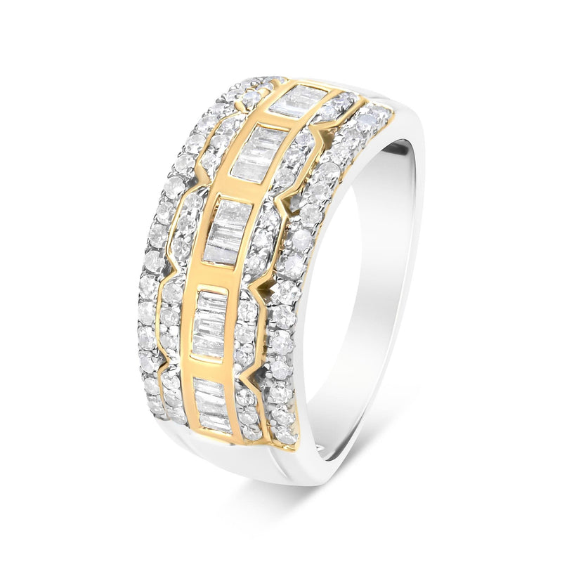 10K White and Yellow Gold 1.00 Cttw Baguette and Round cut Diamond Art Deco Multi-Row Ring Band (I-J Color, I1-I2 Clarity) 10K yellow and white gold ring with round diamond stones in Art Deco rows
