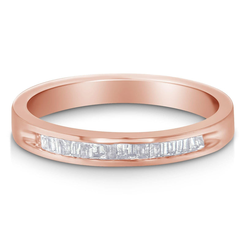 10K Rose Gold over .925 Sterling Silver 1/5 Cttw Diamond Channel-Set Stackable Band Ring (H-I Color, I1-I2 Clarity) 10K rose gold ring with channel-set round diamond stones