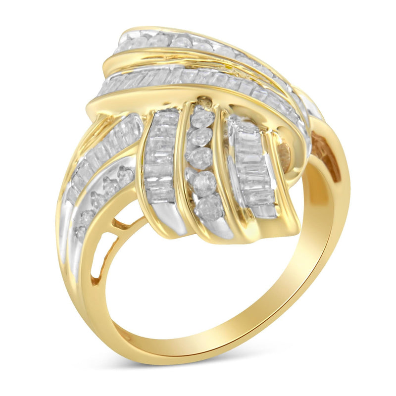 10K Yellow Gold Plated .925 Sterling Silver 1.0 Cttw Round & Baguette Diamond Knot Channel Statement Ring (I-J Color, I2-I3 Clarity) 10K yellow gold ring with round and baguette diamond stones in channel setting