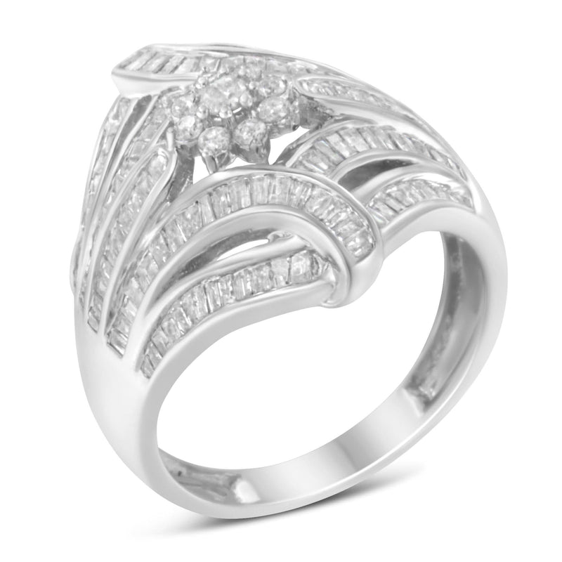 .925 Sterling Silver 1-1/8 Cttw Round & Baguette Diamond 'Flower & Fern' Cluster Cocktail Fashion Ring (I-J Color, I2-I3 Clarity) 925 sterling silver ring with round and baguette diamond flower and fern cluster