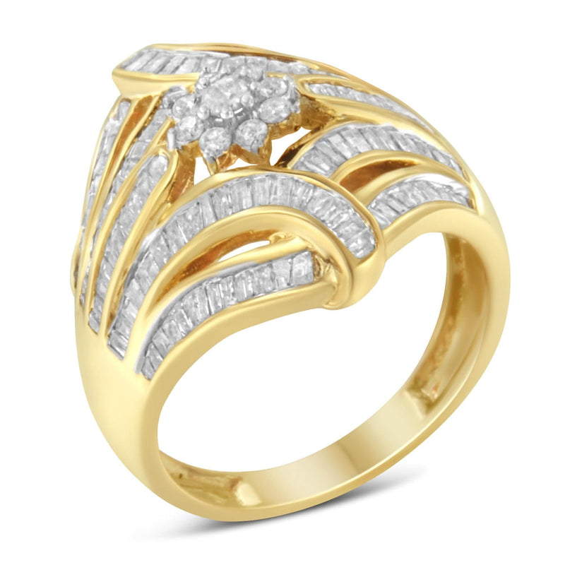 10K Yellow Gold Flashed .925 Sterling Silver 1-1/8 Cttw Round & Baguette Diamond 'Flower & Fern' Cluster Cocktail Fashion Ring (I-J Color, I2-I3 Clarity) 10K yellow gold ring with round and baguette diamond flower and fern cluster