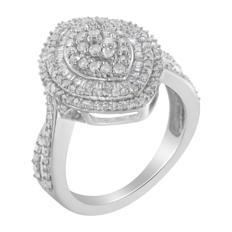 .925 Sterling Silver 1.0 Cttw Round & Baguette-Cut Diamond Marquise-Shaped Cluster Triple Stepped Halo Cocktail Fashion Ring (I-J Color, I2-I3 Clarity) 925 sterling silver ring with round and baguette diamond stones in marquise halo