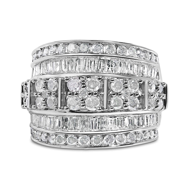 .925 Sterling Silver 2.0 Cttw Round & Baguette Cut Diamond Multi-Row Channel Set Tapered Cocktail Fashion Ring (I-J Color, I3 Clarity) .925 Sterling Silver 2.0 Cttw Round & Baguette Cut Diamond Multi-Row Channel Set Tapered Cocktail Fashion Ring (I-J Color, I3 Clarity)-1