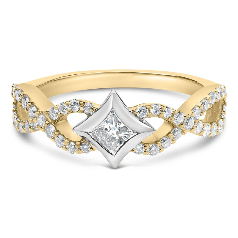 10K Two Tone Color 5/8 Cttw Diamond Kite and Twist Shank Ring (H-I Color,SI2-I1 Clarity) 10K two-tone gold ring with kite-cluster diamond stones on a twisted shank