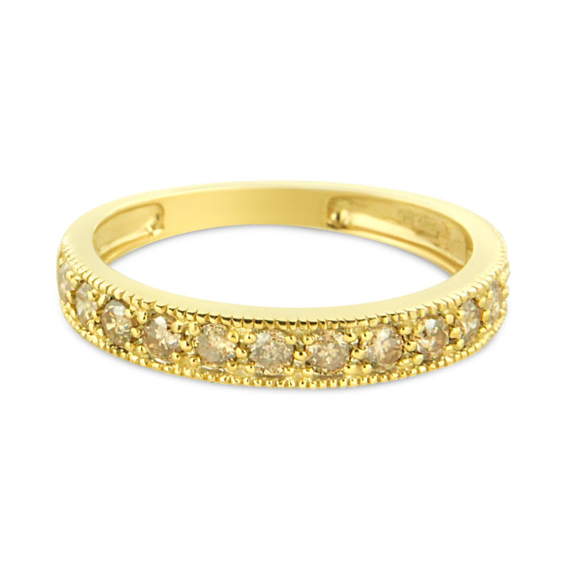 IGI Certified 1/2 Cttw Diamond 10K Yellow Gold Prong Set Beaded Milgrain Band Style Ring (J-K Color, I2-I3 Clarity) 10K yellow gold ring with prong-set diamond stones and milgrain band edges