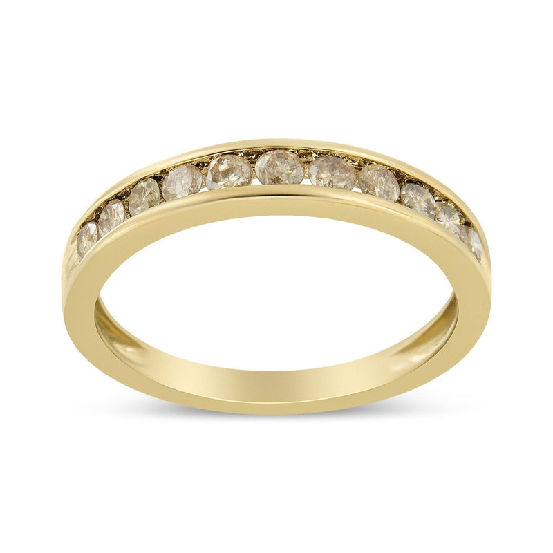 14K Yellow Gold Plated .925 Sterling Silver 1/2 Cttw Channel Set Round Champagne Diamond 11 Stone Band Ring (K-L Color, I1-I2 Clarity) 14K yellow gold ring with 11 round champagne diamond stones