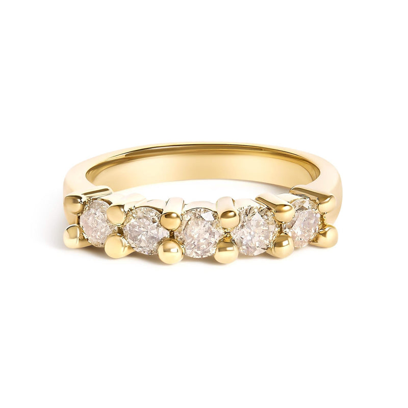 14K Yellow Gold Plated .925 Sterling Silver 1.0 Cttw Shared Prong-set Round Diamond 5 Stone Band Ring (J-K Color, I1-I2 Clarity) 14K yellow gold ring with 5 round diamond stones in shared prongs
