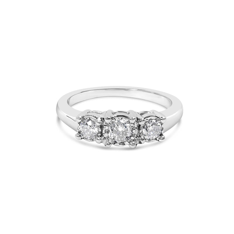 14K White Gold 1/2 Cttw Miracle Set Round Lab Grown Diamond Three Stone Illusion Plate Ring (F-G Color, VS1-VS2 Clarity) 14K white gold ring with 3 round diamond stones in miracle illusion setting