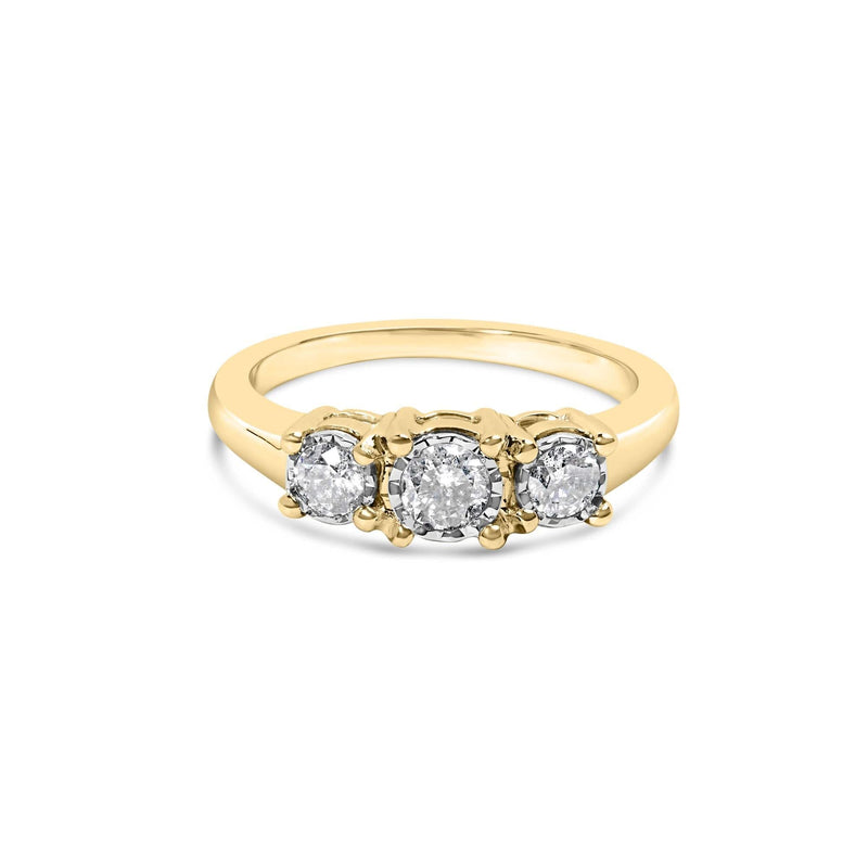 10K Yellow Gold 1/2 Cttw Miracle Set Round Diamond Three Stone Illusion Plate Ring (I-J Color, I2-I3 Clarity) 10K yellow gold ring with 3 round diamond stones in miracle illusion setting