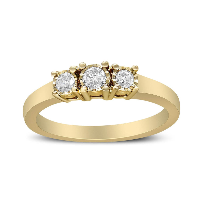 14K Yellow Gold Plated .925 Sterling Silver 1/4 Cttw Diamond 3 Stone Illusion Plate Ring (J-K Color, I1-I2 Clarity) 14K yellow gold ring with 3 illusion-set diamond stones
