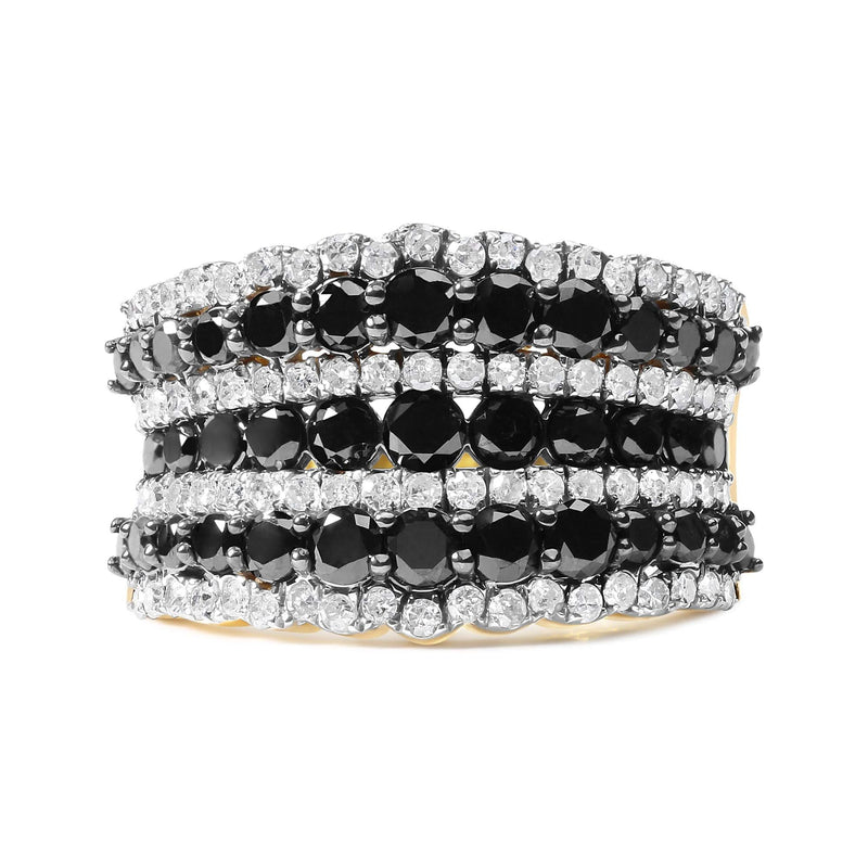 14K Yellow Gold Plated .925 Sterling Silver 1 3/4 Cttw Treated Black and White Alternating Diamond Multi Row Band Ring (Black / I-J Color, I2-I3 Clarity) 14K yellow gold multi-row band ring with black and white diamond stones