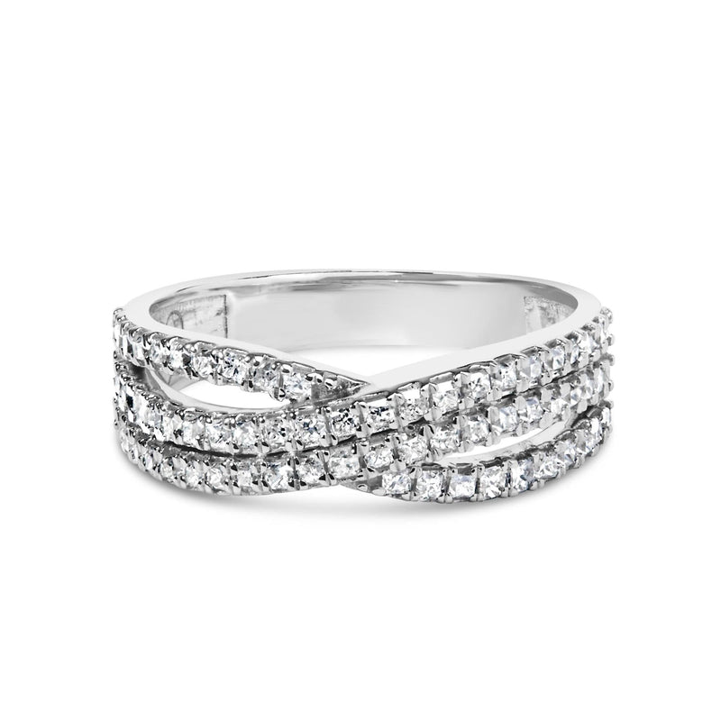 10K White Gold 3/4 Cttw Princess Natural Diamond Split Shank and Weave Band Ring (H-I Color, SI1-SI2 Clarity) 10K white gold split shank ring with princess-cut diamond stones in a woven band
