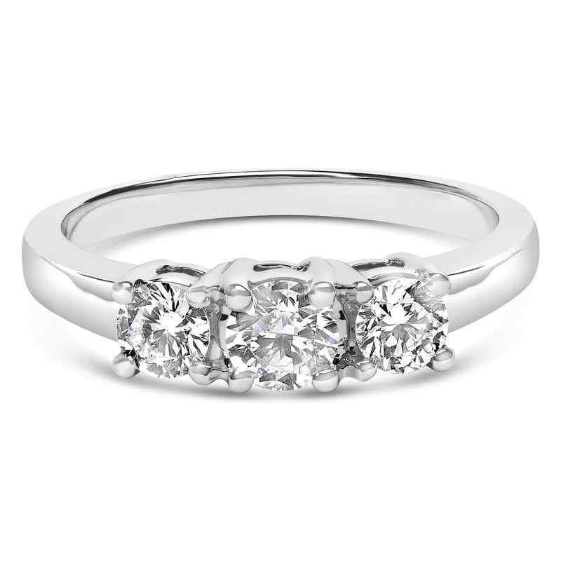 14K White Gold 3/4 Cttw Lab Grown Diamond 3 Stone Ring Band (F-G Color, VS2-SI1 Clarity) 14K white gold ring with 3 round diamond stones in a level row