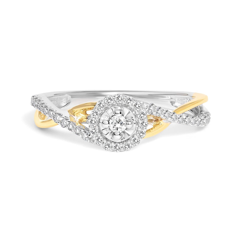 14K Yellow Gold Plated .925 Sterling Silver 1/4 Cttw Diamond Bypass and Halo Promise Ring (I-J Color, I3 Clarity) 14K yellow gold bypass halo promise ring with round diamond stones