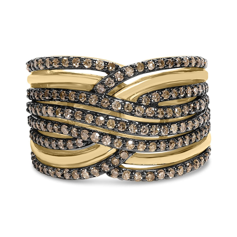 10K Yellow Gold Plated .925 Sterling Silver 1.0 Cttw Champagne Diamond Multi Row Cross Over Band Ring 10K yellow gold ring with multiple rows of round champagne diamonds