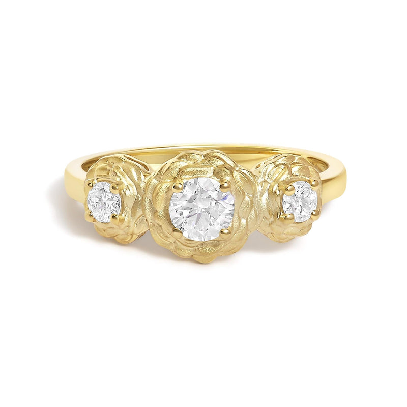 14K Yellow Gold Plated Sterling Silver 1/2 Cttw Lab Grown Diamond Floral 3-Stone Ring 14K yellow gold ring with 3 round lab grown diamond stones