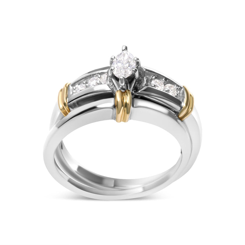 14K Yellow and White Gold 1/3 Cttw Marquise Diamond Cocktail Engagement Ring Set (H-I Color, SI1-SI2 Clarity) 14K white gold ring set with marquise diamond stones in two-tone finish