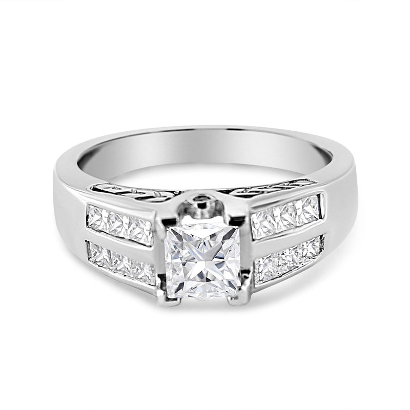 14K White Gold 1 1/4 Cttw Princess Cut Diamond Channel Set Engagement Ring (H-I Color, SI1-SI2 Clarity) 14K white gold ring with channel-set princess-cut diamond stones