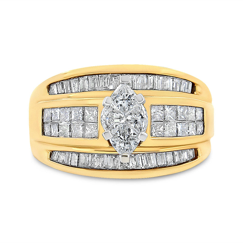 14K Yellow Gold 1 1/2 Cttw Pie, Princess and Baguette-cut Diamond Marquise Shaped Engagement Cocktail Ring Band (H-I Color, I1-I2 Clarity) 14K Yellow Gold 1 1/2 Cttw Pie, Princess and Baguette-cut Diamond Marquise Shaped Engagement Cocktail Ring Band (H-I Color, I1-I2 Clarity)-0