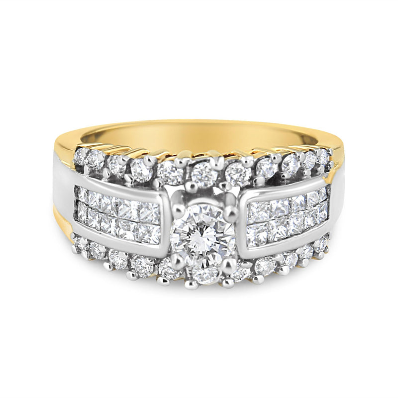 14K Yellow and White Gold 1 1/2 Cttw Round and Princess-Cut Diamond Band Ring (H-I Color, SI2-I Clarity) 14K white gold ring with round and princess-cut diamond stones in two-tone band