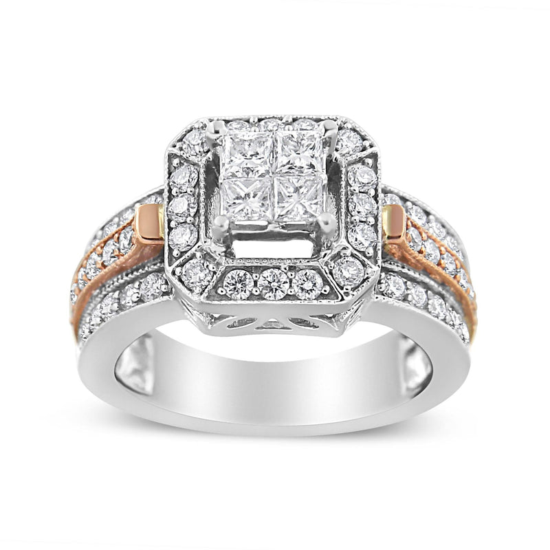 14K White and Rose Gold 1 1/8 Cttw Princess and Round-Cut Diamond Art Deco Style Triple Shank Halo Cocktail Ring (I-J Color, SI2-I1 Clarity) 14K rose and white gold ring with princess and round diamond stones