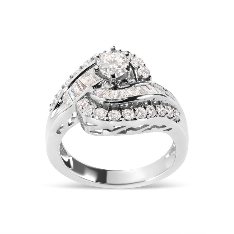14K White Gold 1.00 Cttw Round and Baguette cut Diamond Swirl Cocktail Ring (H-I Color, SI2-I1 Clarity) 14K white gold ring with round and baguette diamond stones in swirl design