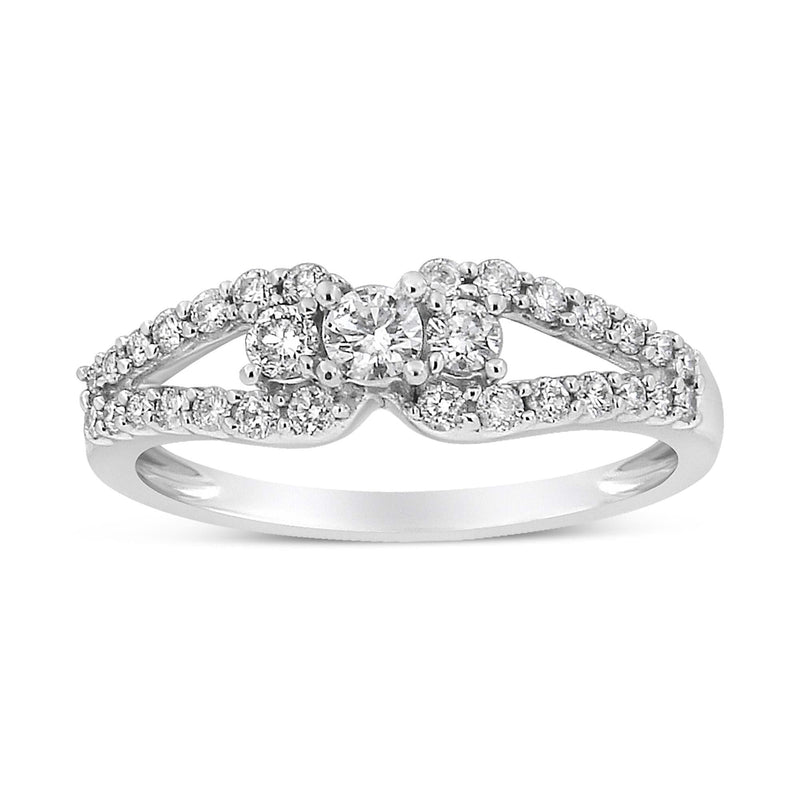 10K White Gold 1/2 Cttw Round Cut Diamond Three Stone Split Shank Band Ring (H-I Color, SI1-SI2 Clarity) 10K white gold ring with 3 round diamond stones in split shank setting